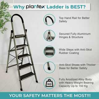 Plantex Guardex 5 Step Foldable Aluminum Ladder for Home/Ladder with Anti-Slip Shoes and Edge Guards/5 Year Manufacturer Warranty (Anodize Coated-Gold)