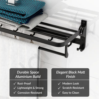 Plantex Aluminium Folding Towel Rack with Swivel Towel Rod/Towel Hanger for Bathroom/Towel Hanger with Hooks/Bathroom Accessories (24 Inch) Black