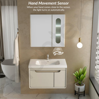 Plantex Unbreakable Wall Mount Wash Basin with Cabinet Full Set/Plywood Bathroom Vanity with Mirror, Coupling & Cabinet Motion Sensor Light (NZBC-35)