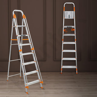 Plantex Secura 7 Step Aluminium Ladder for Home/Foldable Ladder with Safe Hand Rails/5 Year Manufacturer Warranty(Orange-Silver)