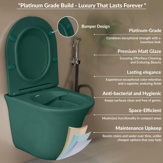 Plantex Ceramic Imported Commode Toilet/Rimless Washdown Wall Mounted Commode with Soft Closing Toilet Seat - P Trap Outlet (1164 - Matt Green)