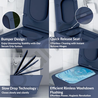 Plantex Imported Italica Ceramic Wall Hung Commode for Toilet/Rimless Washdown Flush/Commode with Soft Closing Toilet Seat - P Trap (Square - Dark Blue)