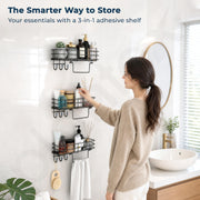 Plantex Self Adhesive Bathroom Shelf/GI Steel Bathroom Shelf with Hook and Napkin Holder/Bathroom Organizer Without Drill/Bathroom Accessories- Pack of 3 (Black)