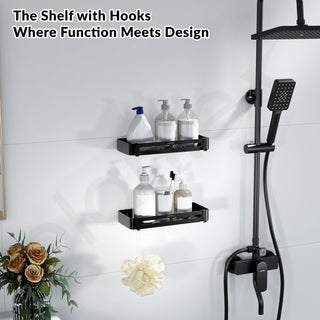 Plantex Aluminum Bathroom Shelf for Wall/Kitchen Shelf/Bathroom Wall Shelf with Moving Hooks/Bathroom Organizer with Drill/Rack-(12X5 Inch Matte Black Finish)