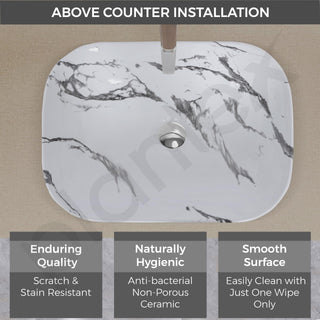 Plantex Tabletop Wash Basin/Bathroom Basin Sink/Ceramic Countertop Basin/Marble Basin with Grey Veins/Wash Basin for Bathroom, Restaurant, Hotel (18 x 13 x 5.5 Inch)