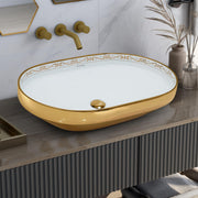 Plantex Ceramic Wash Basin/Designer Hand Wash Sink for Bathroom/Oval Tabletop Washbasin/Countertop Vessel Sink for Home/Office (24x16x5 inch - Gold & White)