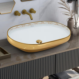 Plantex Ceramic Wash Basin/Designer Hand Wash Sink for Bathroom/Oval Tabletop Washbasin/Countertop Vessel Sink for Home/Office (24x16x5 inch - Gold & White)