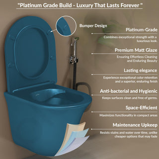 Plantex Ceramic Wall Hung Toilet/Rimless Western Commode for Bathroom/Commode with Soft Closing Toilet Seat - P Trap (Matt Blue)