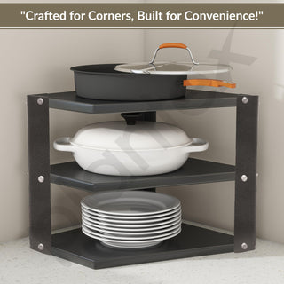 Plantex GI-Steel 3-Tier Pan Stand for Kitchen/Multipurpose Corner Shelf for Kitchen - Pack of 1 (Black)