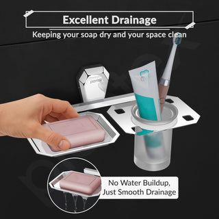 Plantex 2in1 Soap Dish with Tumbler Holder for Bathroom/304 Grade Stainless Steel Soap Holder with Toothbrush Holder/Bathroom Accessories - Pack of 1 (PM-2409, Chrome)