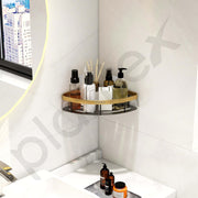 Plantex Self Adhesive Bathroom Corner Shelf/Aluminium Wall Mounted Rack for Kitchen Corner with Golden Railing & Magic Stickers/Bathroom Accessories (9x9 inches, Gold & Black)