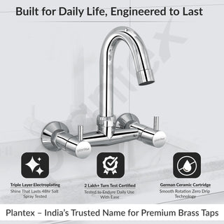 Plantex Pure Brass Sink Mixer Tap Hot and Cold with 360°Swivel Spout/Mixer Tap for Kitchen Sink with Brass Wall Flange and Teflon Tape/Kitchen Sink Tap-(Mirror-Chrome Finish)