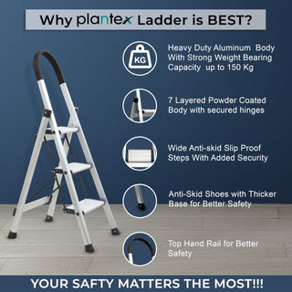 Plantex Surestep 3 Step Aluminum Ladder for Home Use/Wide Anti-Slip Steps/Foldable Ladder with Anti Skid PVC Shoes, 3 Steps Kitchen Stool (Anodize-Silver)
