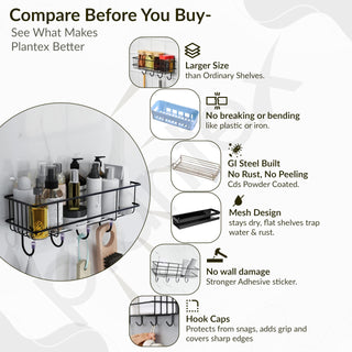 Plantex Bathroom Organizer Without Drill/GI Steel Self Adhesive Bathroom Shelf for Wall with Magic Stickers/Adhesive Shelf for Kitchen with Hooks & Magic Sticker - GI Steel (Pack of 2)