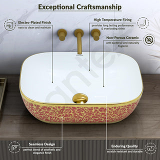 Plantex Ceramic Washbasin for Bathroom/Designer Countertop Basin/Rectangle Tabletop Wash Basin for Home/Office/Hotel (18x13x5 Inch - White & Gold)