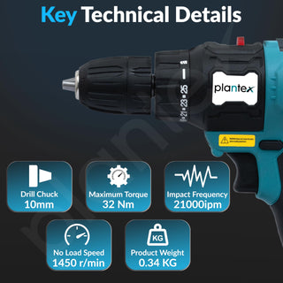 Plantex 2 Speed Electric Drill Machine/Screwdriver/10mm Drill Chuck/Torque 32Nm/Impact Frequency 0-21000ipm/Load Speed 0-400/1450r/min - Black (Mainframe, Battery & Charger Not Included)