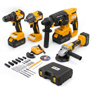 Plantex 4-in-1 Cordless Power Tool Kit 21V/Brushless Drill, Impact Wrench, Rotary Hammer & Angle Grinder/3 Batteries & Case – Yellow (APS-ML004)