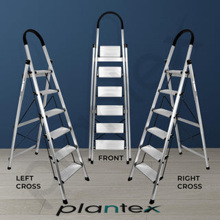Plantex Surestep 6 Step Aluminum Ladder for Home/Non-Slip Wide Step Foldable Ladder for Home Use with Knee Guard, PVC Shoes and Cross Bars (Anodize-Silver)