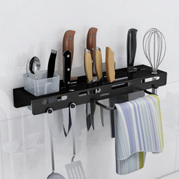 Plantex Self Adhesive Kitchen Cutlery Organizer/Knife Holder/Cutlery Stand/Spatula-Ladle Holder with Adjustable Hooks and Towel Hanger (Black)