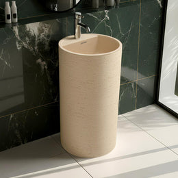 Plantex Acrylic Resin & Quartz Pedestal Basin for Bathroom/One Piece Pedestal Free Standing Round Wash Basin for living Room/Hotel (Beige)