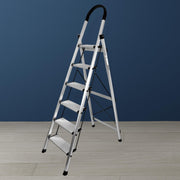 Plantex Surestep 6 Step Aluminum Ladder for Home/Non-Slip Wide Step Foldable Ladder for Home Use with Knee Guard, PVC Shoes and Cross Bars (Anodize-Silver)