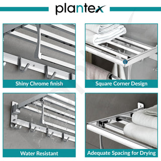 Plantex Folding Towel Rack with Hooks for Bathroom/24 Inch Stainless Steel Towel Hanger/Towel Stand/Towel Rod/Bathroom Accessories - Pack of 1 (Chrome)