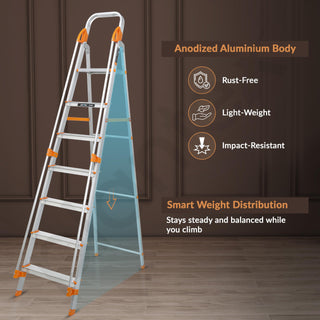 Plantex Secura 7 Step Aluminium Ladder for Home/Foldable Ladder with Safe Hand Rails/5 Year Manufacturer Warranty(Orange-Silver)