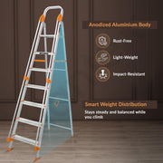 Plantex Secura 7 Step Aluminium Ladder for Home/Foldable Ladder with Safe Hand Rails/5 Year Manufacturer Warranty(Orange-Silver)