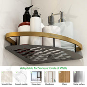 Plantex Corner Shelf for Bathroom Wall Mount/Aluminium Kitchen Corner Stand for Wall with Golden Railing & Magic Stickers/Bathroom Accessories Self Adhesive (9x9 inches, Gold & Black) - Pack of 2