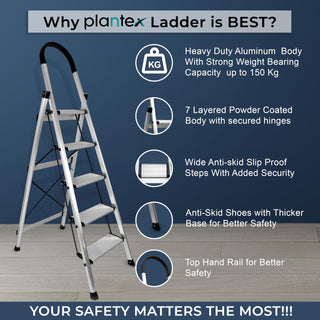 Plantex Surestep 5 Step Aluminum Ladder for Home Use/Wide Anti Skid Step Foldable Ladder with Knee Guard, PVC Shoes and Cross Bars (Anodize-Silver)