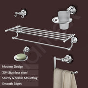 Plantex 304 Grade Stainless Steel Bathroom Accessories Set of 5 - Towel Stand/Napkin Ring/Soap Dish/Toothbrush Holder/Robe Hanger - Skyllo (Chrome)