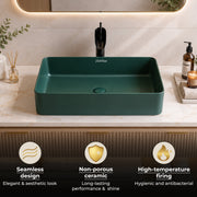 Plantex Ceramic Basin/Tabletop Wash Basin for Bathroom/Rectangle Over Counter Vessel Sink for Restaurant/Hotel (Matt Green, 24 x 14 x 4.5 Inch)