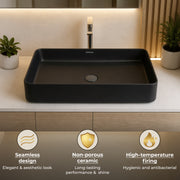 Plantex Black Tabletop Basin for Bathroom/Countertop Wash Basin/Ceramic Bathroom Basin/Washbasin for Restaurant/Hotel (Matt Black Finish - 24 x 13 x 5 Inch)