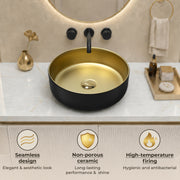 Plantex Table Top Wash Basin for Bathroom/Designer Ceramic Basin/Round Countertop Vessel Sink Basin for Home/Office/Hotel (Black & Gold - 14 x 14 x 5 Inch)