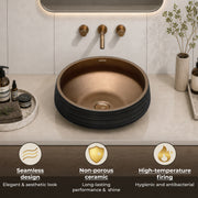 Plantex Designer Ceramic Basin/Table Top Wash Basin for Bathroom/Countertop Vessel Sink Basin for Home/Office/Restaurant (Black & Bronze - 15 x 15 x 6 Inch)