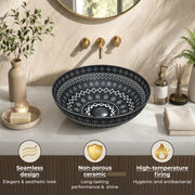 Plantex Ceramic Round Wash Basin for Bathroom/Designer Table Top Washbasin/Countertop Hand Basin for Restaurant/Hotel (15.5x15.5x4.5 Inch - Black & White)