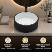 Plantex Round Ceramic Table Top Wash Basin/Designer Counertop Washbasin/Vessel Sink for Bathroom/Home/Restaurant (White & Black-17 x 17 x 6 Inch)