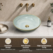 Plantex Wash Basin/Ceramic Table Top Wash Basin/Designer Countertop Basin for Bathroom/Restaurants/Hotel (Mint green & Gold - 16.5 x 16.5 x 4 Inch)
