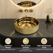 Plantex Ceramic Washbasin/Tabletop Wash Basin/Countertop Vessel Sink for Bathroom/Livingroom Decor - Indo-European Collection (Gold -14.4 x 14.4 x 5 Inch)