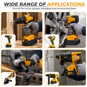 Plantex 4-in-1 Cordless Power Tool Kit 21V/Brushless Drill, Impact Wrench, Rotary Hammer & Angle Grinder/3 Batteries & Case – Yellow (APS-ML004)