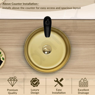 Plantex Table Top Wash Basin for Bathroom/Designer Ceramic Basin/Round Countertop Vessel Sink Basin for Home/Office/Hotel (Black & Gold - 14 x 14 x 5 Inch)