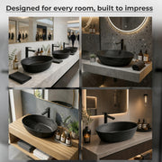 Plantex Designer Ceramic Basin/Table Top Wash Basin for Bathroom/Countertop Vessel Sink Basin for Home/Office/Restaurant (Matt Black, 22 x 14 x 7 Inch )