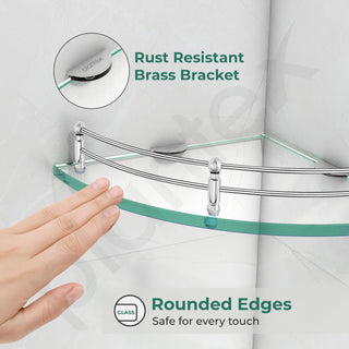 Plantex Transparent Glass Shelf for Living Room/Glass Corner Shelf for Bathroom with Stainless Steel Railings and Brackets/Bathroom Organizer/Kitchen Racks-(12 x12 Inch-Pack of 3)