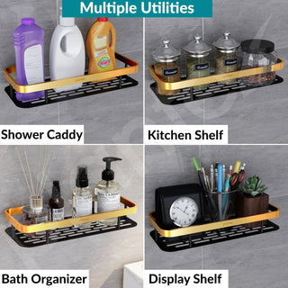 Plantex Self Adhesive Bathroom Shelf for Wall/Stainless Steel Rack with Aluminium Railing & Magic Stickers/Bathroom Organiser Without Drill- Pack of 4 (12x5 inches, Gold & Black)