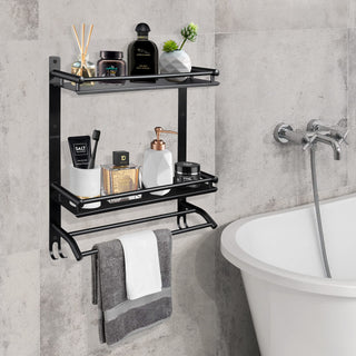 Plantex Stainless Steel Bathroom Shelf/Bathroom Organiser with Drill/Wall Mounted Rack with Hooks and Towel Hanger/Bathroom Accessories Set (3-Tier, Matt Black)