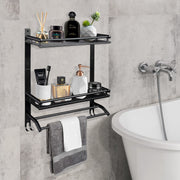 Plantex Stainless Steel Bathroom Shelf/Bathroom Organiser with Drill/Wall Mounted Rack with Hooks and Towel Hanger/Bathroom Accessories Set (3-Tier, Matt Black)