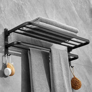 Plantex Aluminium Folding Towel Rack with Fix Towel Rod/Shelf for Bathroom Storage with Removable Hooks/Bathroom Accessories - Combo (Black)