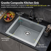 Plantex Quartz Acrylic Kitchen Sink/Undermount Single Bowl Sink for Kitchen/Metalic Single Bowl Kitchen Sinks with Coupling (Lintus 16x18 Inches)