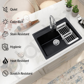 Plantex Matt Quartz Sink For Kitchen/UV Protected Kitchen Sink/Granite Single Bowl Sink/Undermount/Topmount (Nano Black - 24X18 Inches)