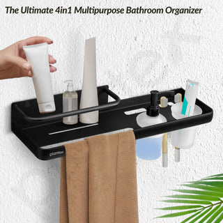 Plantex Self Adhesive 4in1 Shelf for Bathroom/Multifunctional Organizer with Tumbler Holder/Liquid Soap Dispenser/Napkin Holder/Bathroom Accessories Set (1514, Black)